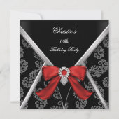 Elegant Red Black Damask Bow Birthday Party Kaart (Voorkant)