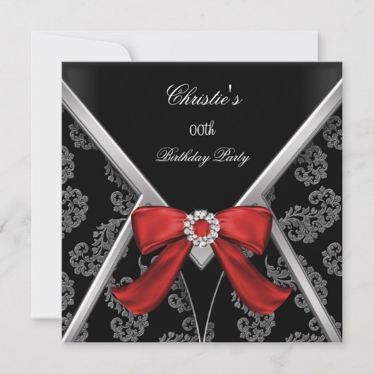 Elegant Red Black Damask Bow Birthday Party Kaart (Voorkant)