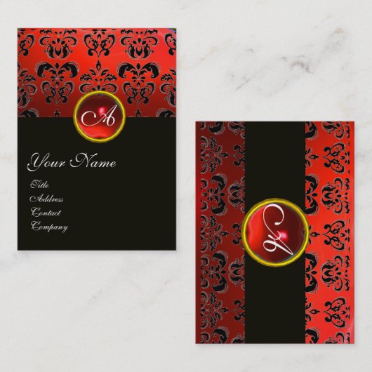 ELEGANT RED BLACK DAMASK RUBY GEMSTONE MONOGRAM VISITEKAARTJE (Voorkant / Achterkant)