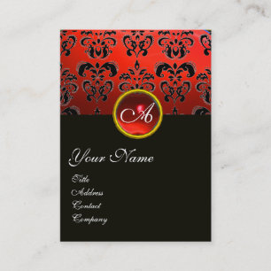 ELEGANT RED BLACK DAMASK RUBY GEMSTONE MONOGRAM VISITEKAARTJE