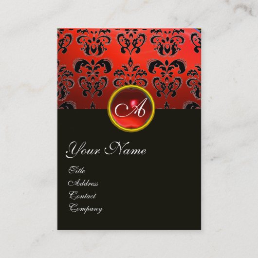 ELEGANT RED BLACK DAMASK RUBY GEMSTONE MONOGRAM VISITEKAARTJE (Voorkant)