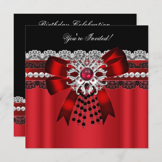 Elegant Red Black Diamond Silver Lace Party 2 Kaart (Voorkant / Achterkant)