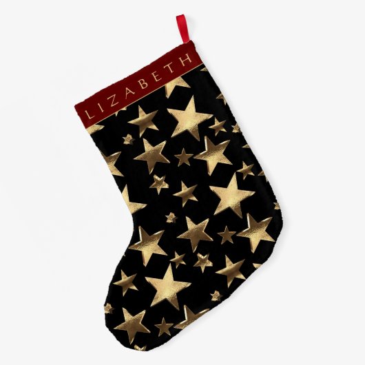 Elegant Red Black en Gold Stars Pattern met naam Grote Kerstsok (Achterkant (Hangend))