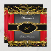 Elegant Red Black Gold 60th Birthday Party Kaart (Voorkant / Achterkant)