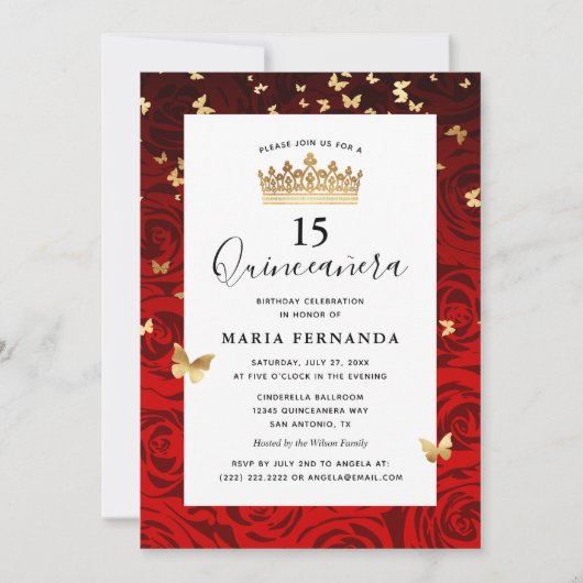 Elegant Red Black Gold Crown Floral Quinceanera Kaart (Voorkant)