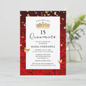 Elegant Red Black Gold Crown Floral Quinceanera Kaart (Staand voorkant)