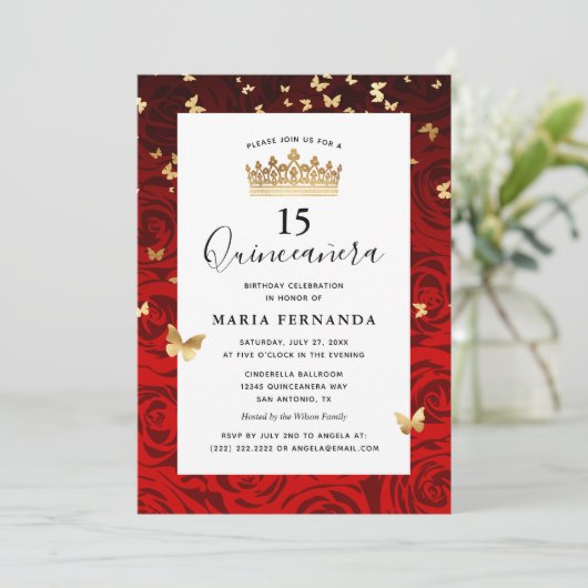 Elegant Red Black Gold Crown Floral Quinceanera Kaart (Staand voorkant)