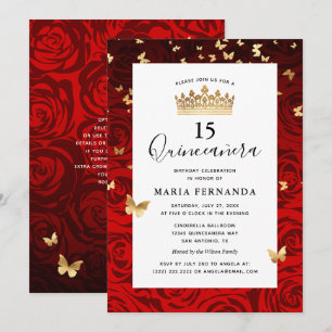 Elegant Red Black Gold Crown Floral Quinceanera Kaart