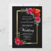 Elegant Red Black Gold Floral Wedding Kaart (Voorkant)