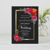 Elegant Red Black Gold Floral Wedding Kaart (Staand voorkant)