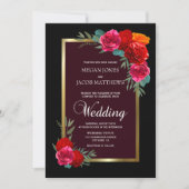 Elegant Red Black Gold Floral Wedding Kaart (Voorkant)