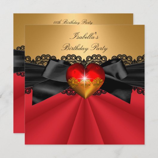 Elegant Red Black Gold Heart Birthday Kaart (Voorkant / Achterkant)