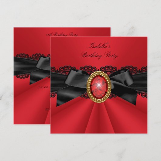 Elegant Red Black Gold Jewel Birthday Party Kaart (Voorkant / Achterkant)