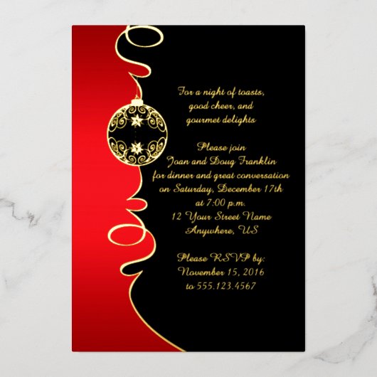 Elegant Red Black Gold Swirls kerstfeest Folie Uitnodiging (Voorkant)