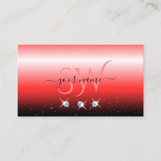Elegant Red Black Gradient Sparkle Jewels Monogram Visitekaartje (Voorkant)