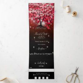 Elegant Red & Black Heart Leaf Wedding Drieluik Uitnodiging