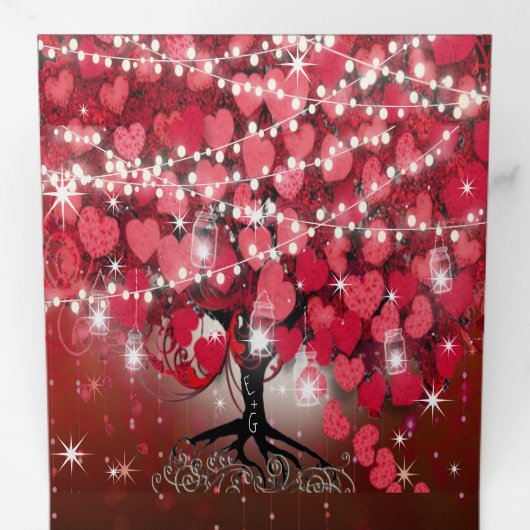 Elegant Red & Black Heart Leaf Wedding Drieluik Uitnodiging (Binnenzijde eerst)