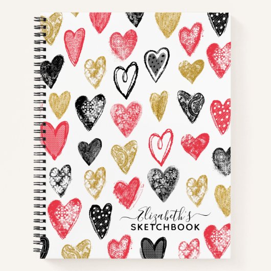 Elegant Red Black Hearts Jouw naam Sketchbook Notitieboek (Voorkant)