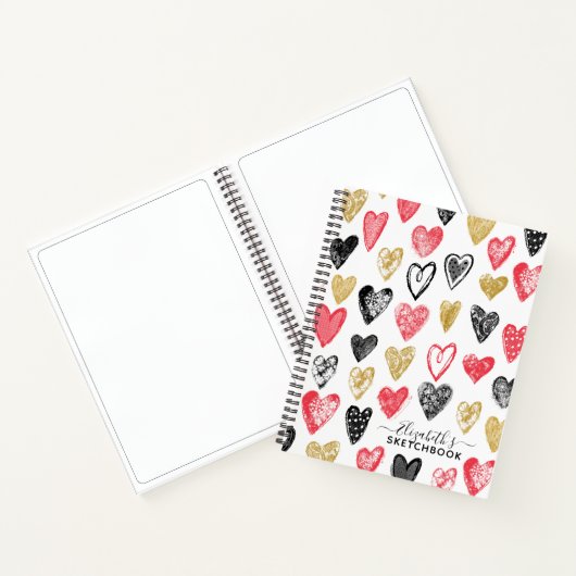 Elegant Red Black Hearts Jouw naam Sketchbook Notitieboek (Binnen)