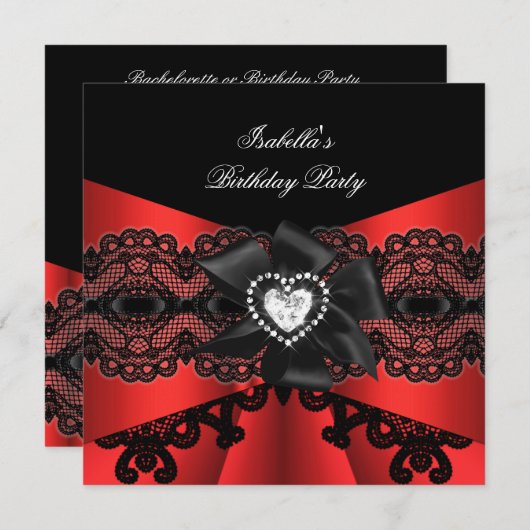 Elegant Red Black Lace Diamond Bow Birthday Party Kaart (Voorkant / Achterkant)