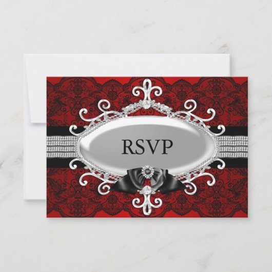Elegant Red Black Lace en Jewel Bow RSVP Kaart (Voorkant)