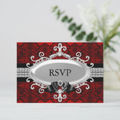 Elegant Red Black Lace en Jewel Bow RSVP Kaart (Staand voorkant)