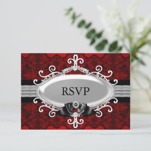Elegant Red Black Lace en Jewel Bow RSVP Kaart (Staand voorkant)