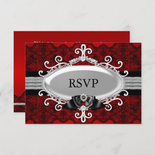 Elegant Red Black Lace en Jewel Bow RSVP Kaart (Voorkant / Achterkant)