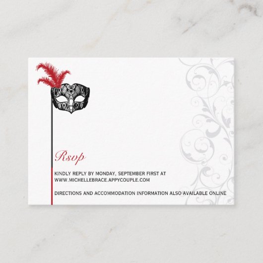 Elegant Red Black Masquerade RSVP Informatiekaartje (Voorkant)