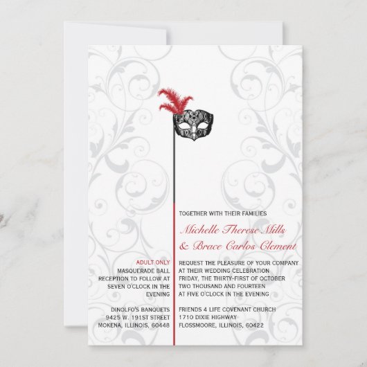 Elegant Red Black Masquerade Wedding Invitations Kaart (Voorkant)