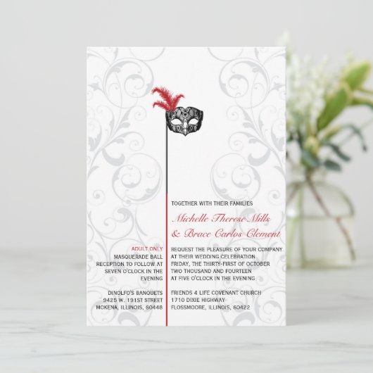 Elegant Red Black Masquerade Wedding Invitations Kaart (Staand voorkant)
