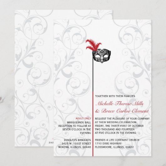 Elegant Red Black Masquerade Wedding Invitations Kaart (Voorkant / Achterkant)