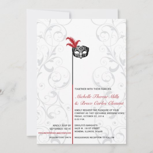 Elegant Red Black Masquerade Wedding Invitations Kaart (Voorkant)