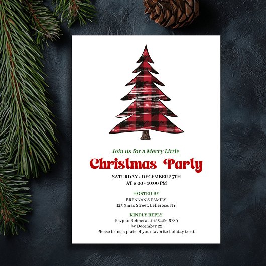 Elegant Red Black Plaid Holiday Party Invitation Kaart