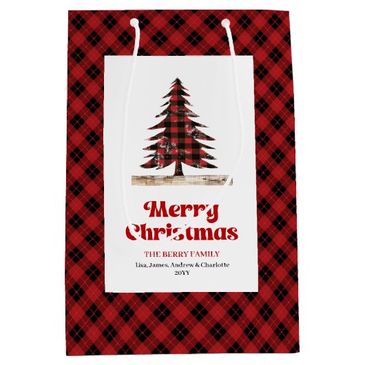 Elegant red black plaid tree gift bag personalized medium cadeauzakje (Voorkant)