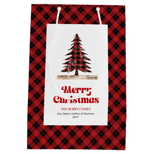 Elegant red black plaid tree gift bag personalized medium cadeauzakje (Achterkant)