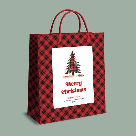 Elegant red black plaid tree gift bag personalized medium cadeauzakje