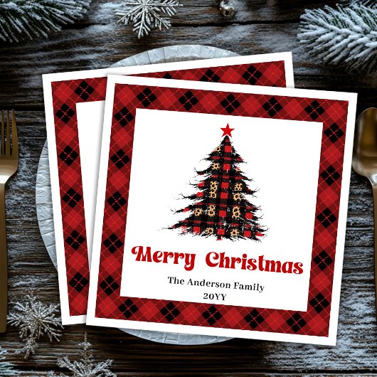 Elegant Red Black Plaid Tree Napkin Editable Servet