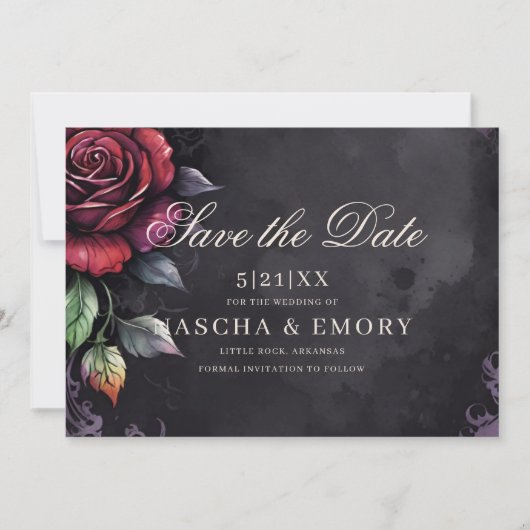Elegant Red & Black Roses Gothic Wedding Save The Date (Voorkant)