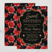 Elegant Red & Black Rozen met Gold Lijst Sweet 16 Kaart (Voorkant / Achterkant)