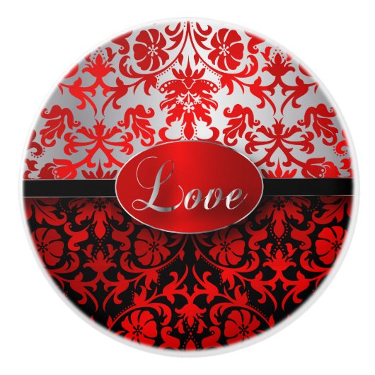 Elegant Red, Black, Silver Damask Keramische Knop (Voorkant)