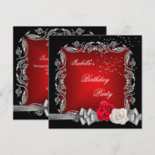 Elegant Red Black Silver Roos Birthday Party Kaart (Voorkant / Achterkant)