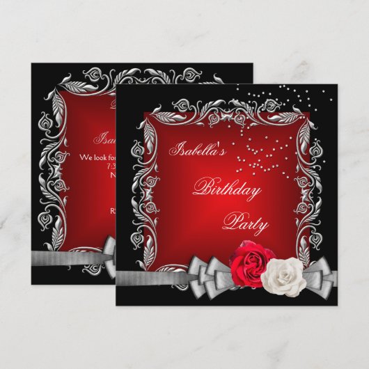 Elegant Red Black Silver Roos Birthday Party Kaart (Voorkant / Achterkant)