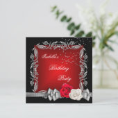 Elegant Red Black Silver Roos Birthday Party Kaart (Staand voorkant)
