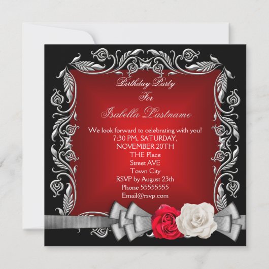 Elegant Red Black Silver Roos Birthday Party Kaart (Achterkant)