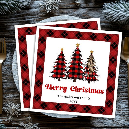 Elegant Red Black Tartan Napkin Custom Name Servet