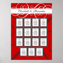Elegant Red Black Wedding 15 Table Seating Chart Poster