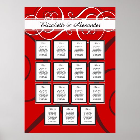 Elegant Red Black Wedding 15 Table Seating Chart Poster (Voorkant)