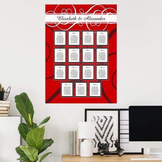 Elegant Red Black Wedding 15 Table Seating Chart Poster (Thuiskantoor)