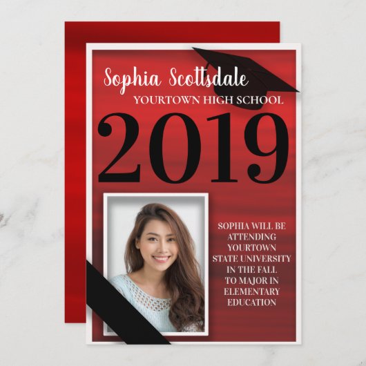 Elegant Red Black White Afstuderen Aankondiging (Voorkant / Achterkant)